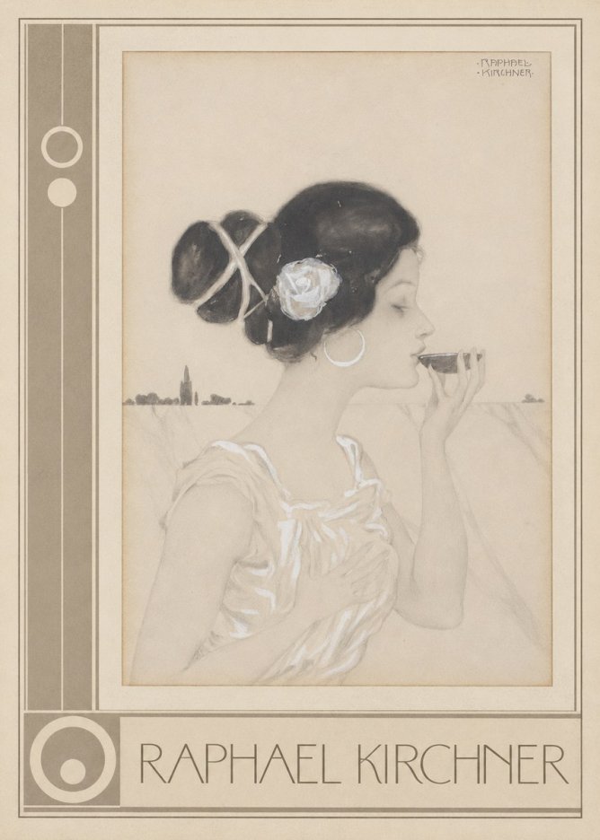 Raphael Kirchner Elegant Lady with Rose and Cup No3 - Poster