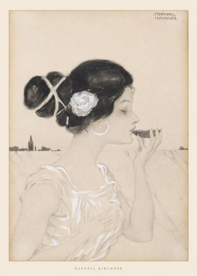Raphael Kirchner Elegant Lady with Rose and Cup No6 - Poster