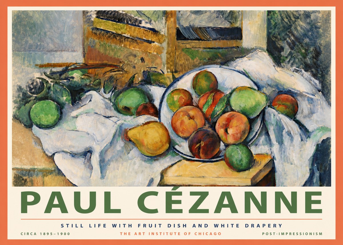 Paul Cézanne Still Life with Fruit Dish and White Drapery No4 - Poster