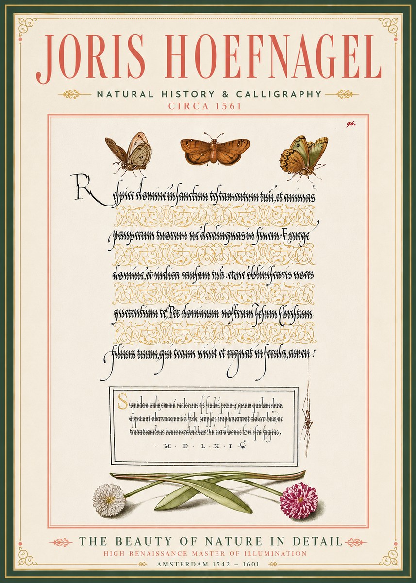 Joris Hoefnagel Butterflies, Flowers and Calligraphy Page No6 - Poster