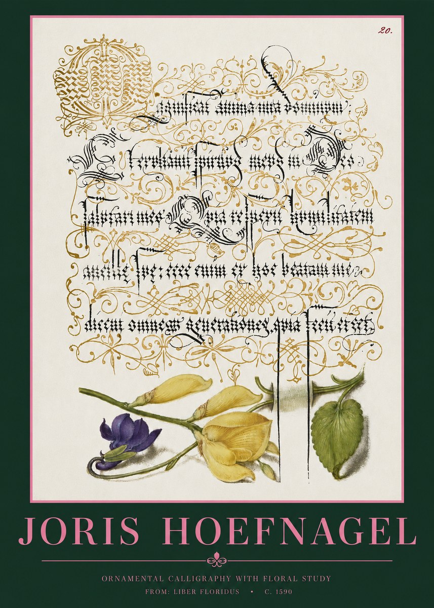 Joris Hoefnagel Ornamental Calligraphy with Floral Study No2 - Poster