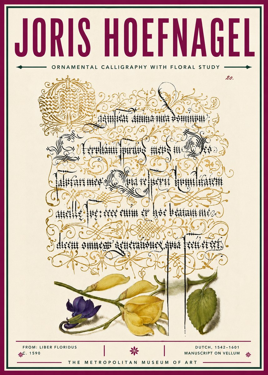 Joris Hoefnagel Ornamental Calligraphy with Floral Study No6 - Poster