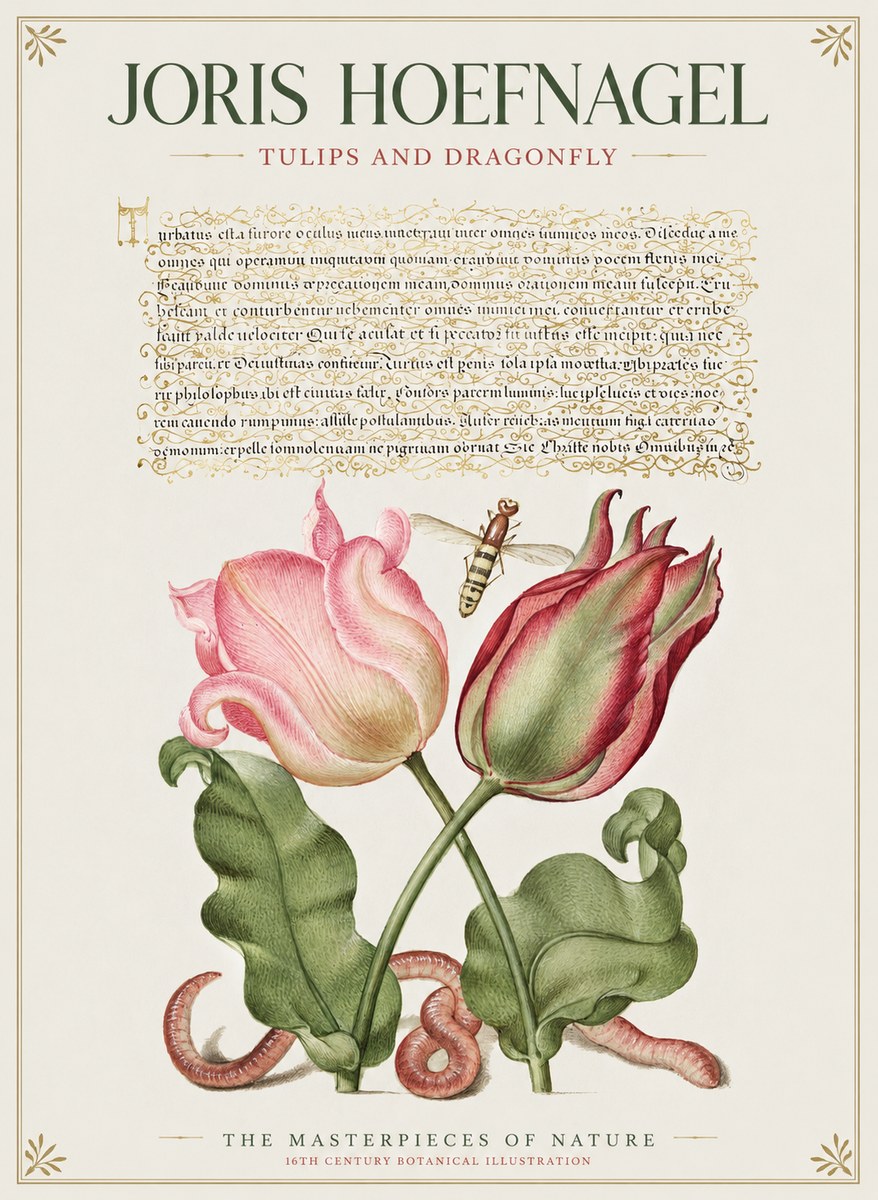Joris Hoefnagel Two Tulips with Caterpillars and Dragonfly No2 - Poster