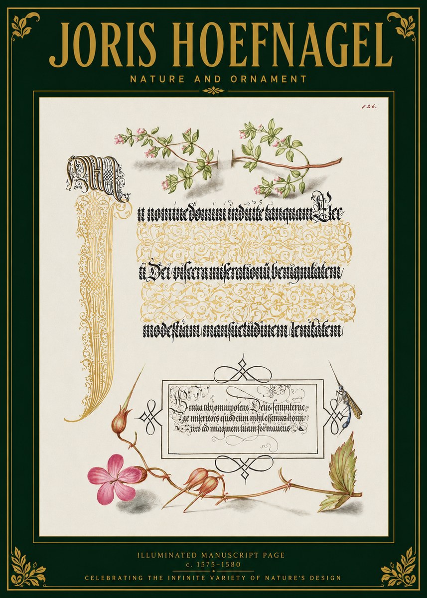 Joris Hoefnagel Illuminated Manuscript Page with Flowers and Insect No3 - Poster