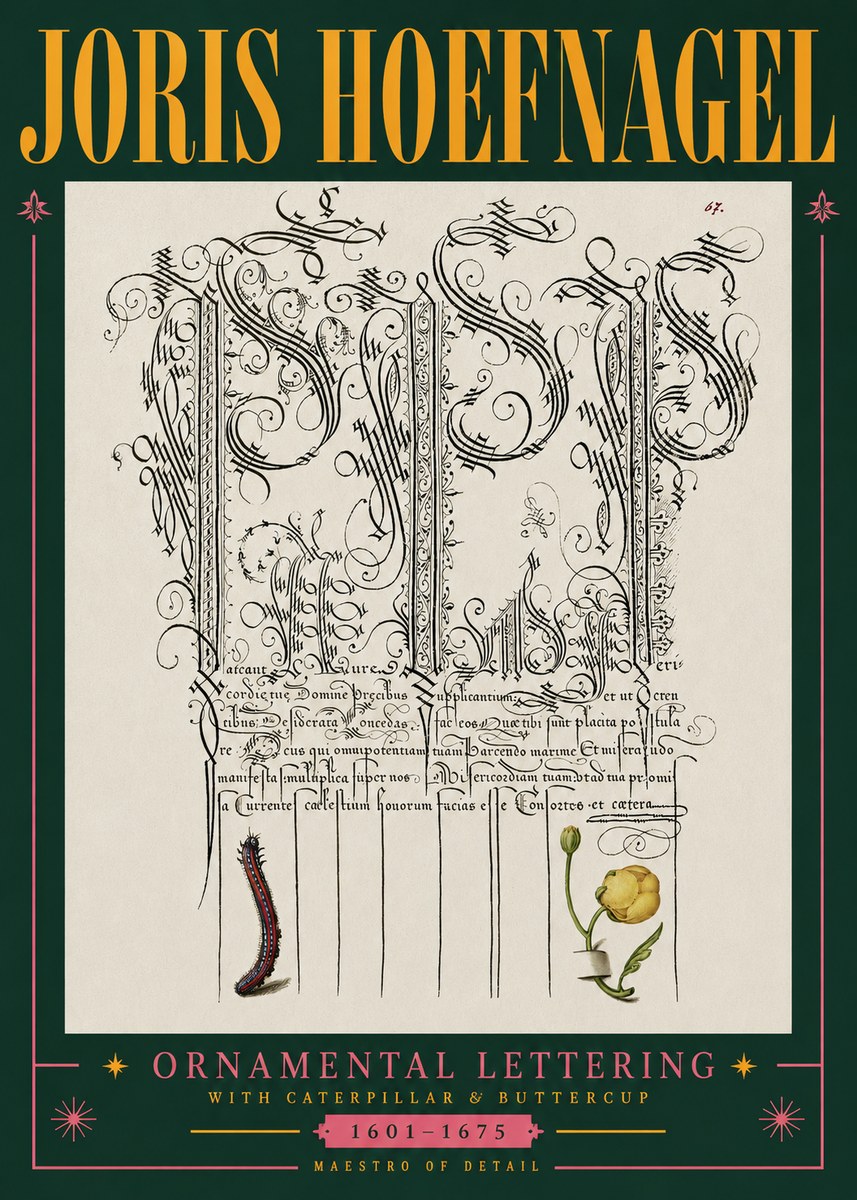 Joris Hoefnagel Ornamental Calligraphy with Caterpillar and Buttercup No5 - Poster