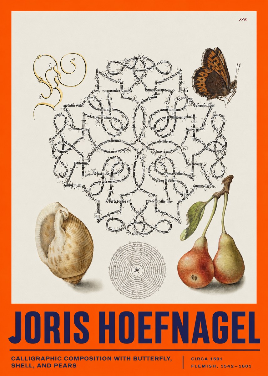 Joris Hoefnagel Calligraphic Composition with Butterfly, Shell, and Pears No2 - Poster
