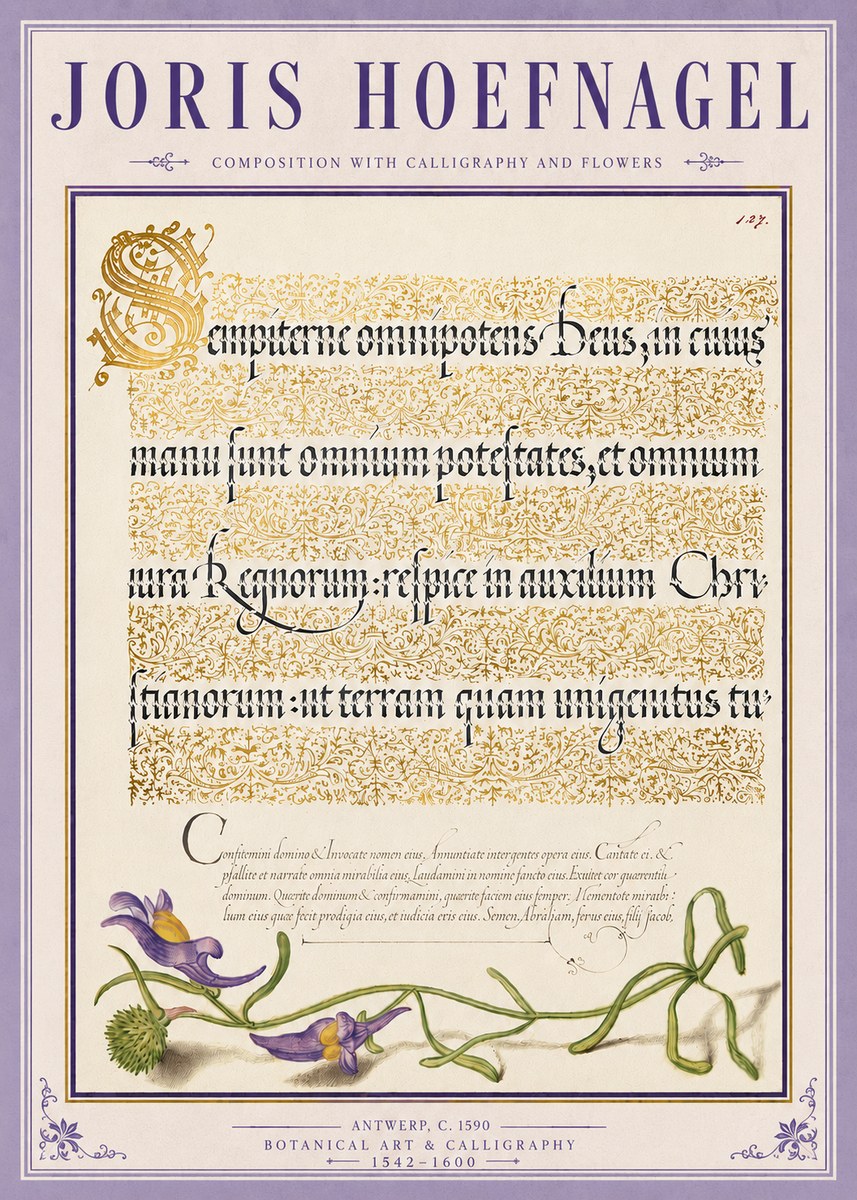 Joris Hoefnagel Composition with Calligraphy and Flowers No4 - Poster