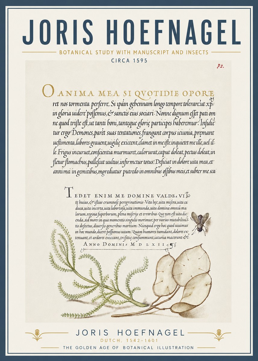 Joris Hoefnagel Botanical Study with Manuscript and Insects No5 - Poster