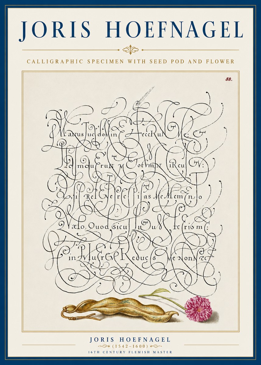Joris Hoefnagel Calligraphic Specimen with Seed Pod and Flower No5 - Poster