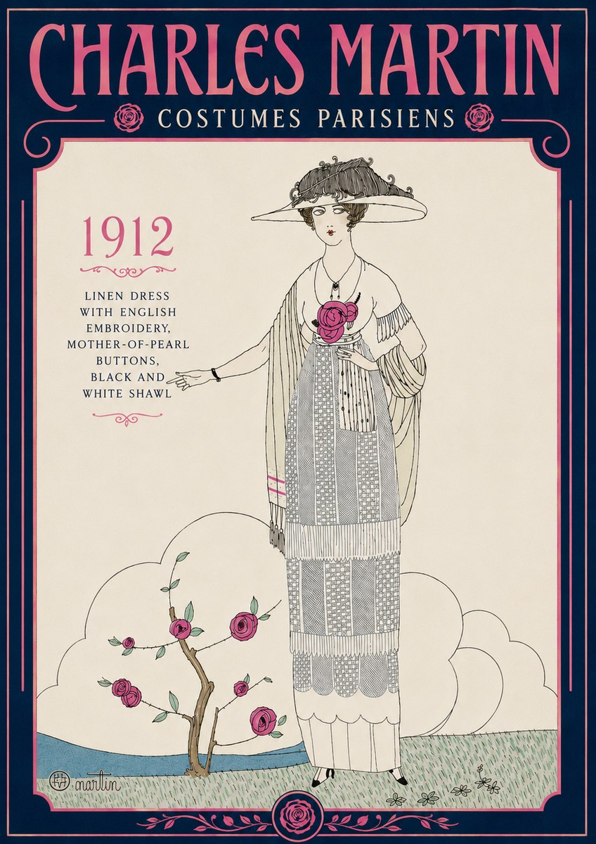 Charles Martin Linen Dress with English Embroidery, Mother-of-pearl Buttons, Black and White Shawl No5 - Poster