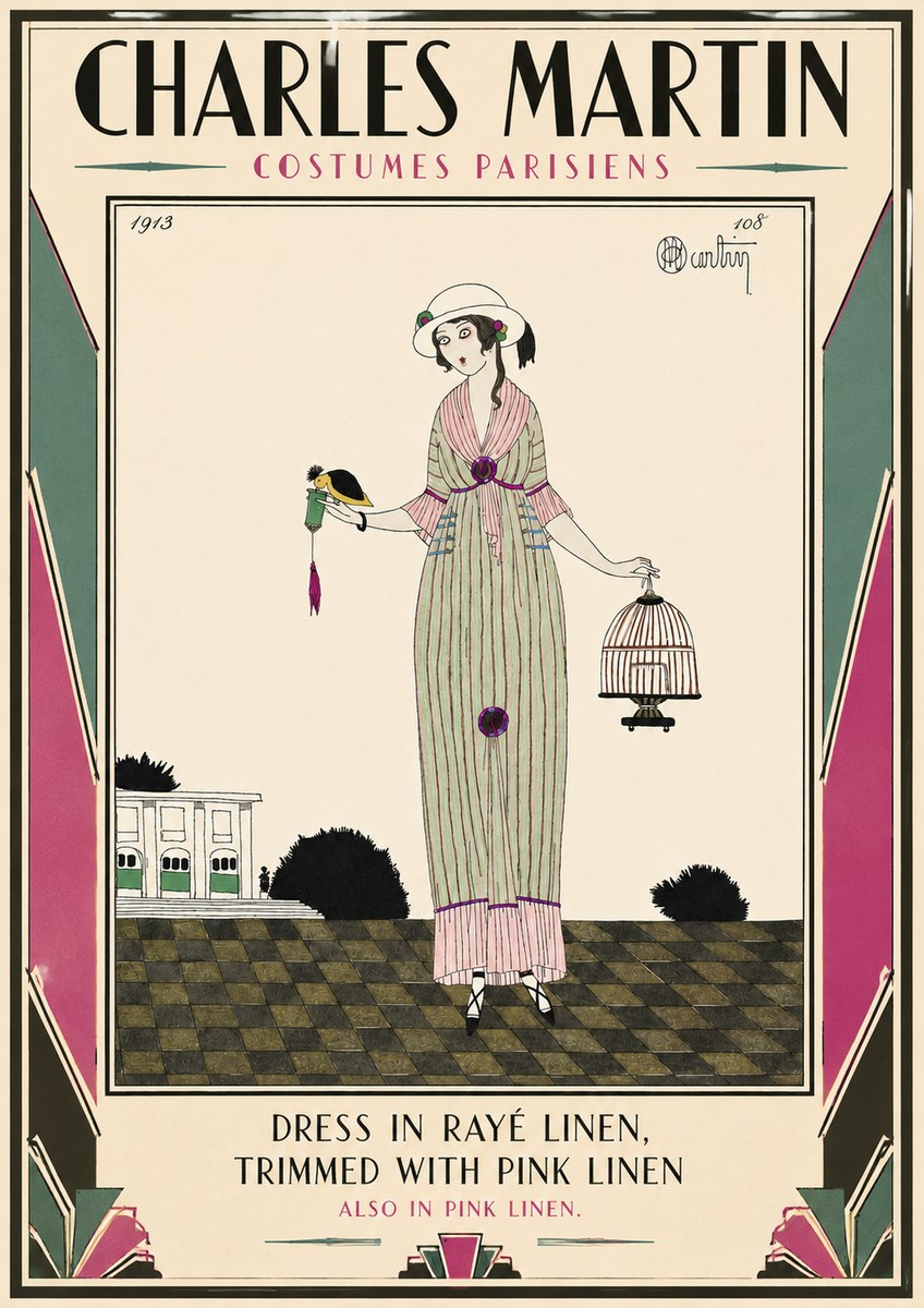 Charles Martin Dress in Rayé Linen, Trimmed with Pink Linen No3 - Poster