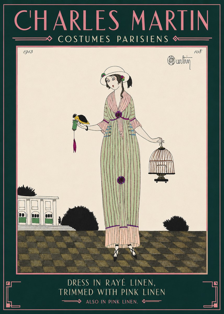 Charles Martin Dress in Rayé Linen, Trimmed with Pink Linen No4 - Poster