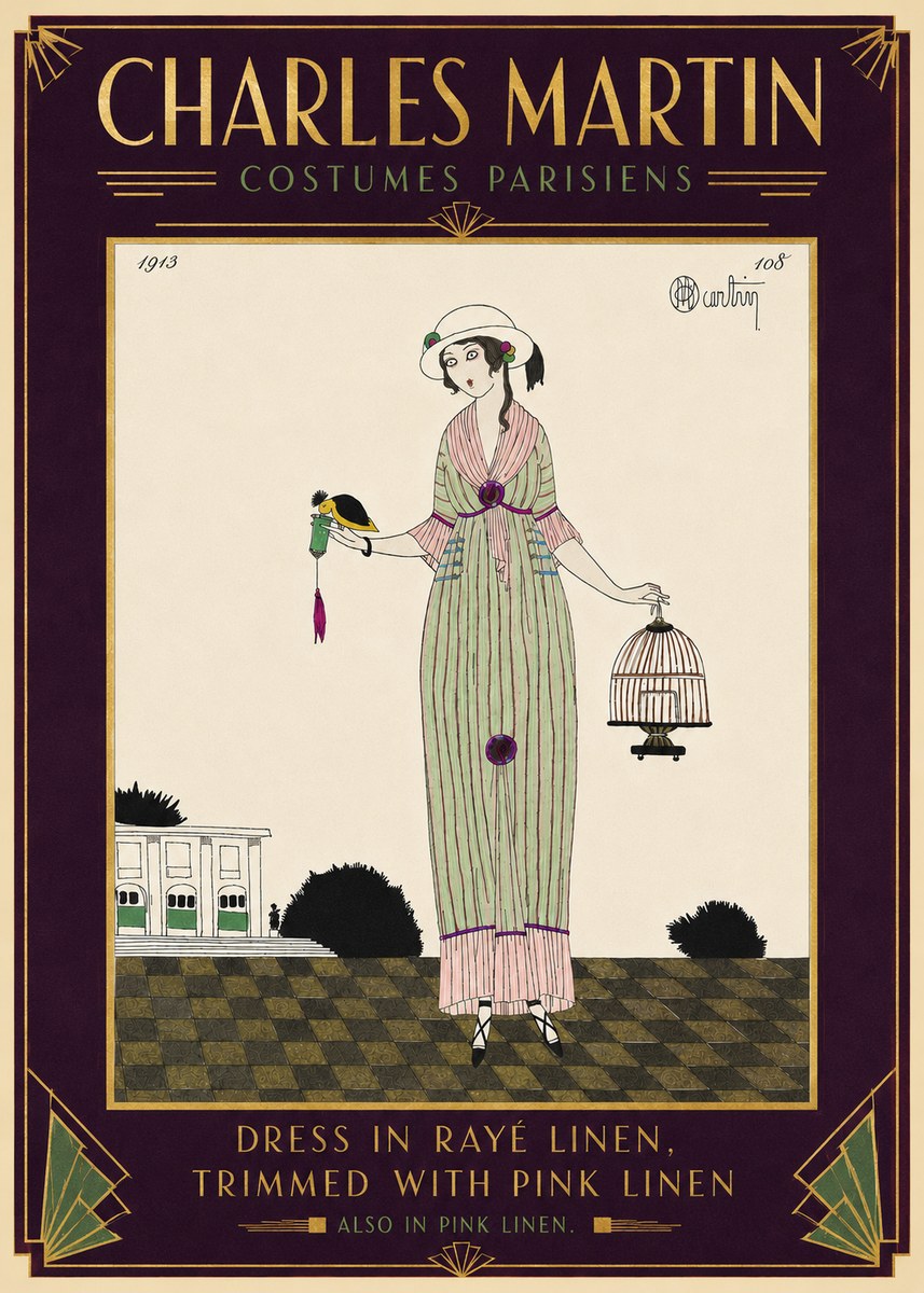 Charles Martin Dress in Rayé Linen, Trimmed with Pink Linen No5 - Poster