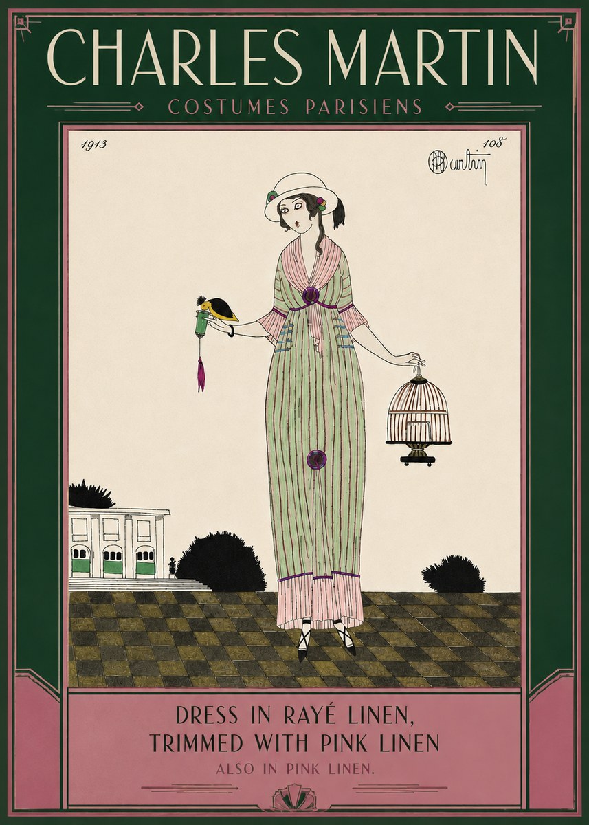 Charles Martin Dress in Rayé Linen, Trimmed with Pink Linen No6 - Poster