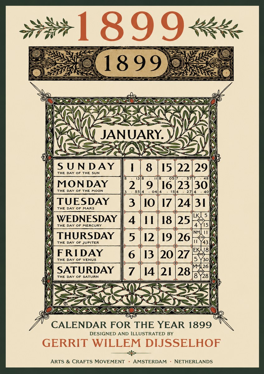 Gerrit Willem Dijsselhof January. Calendar for 1899. No3 - Poster