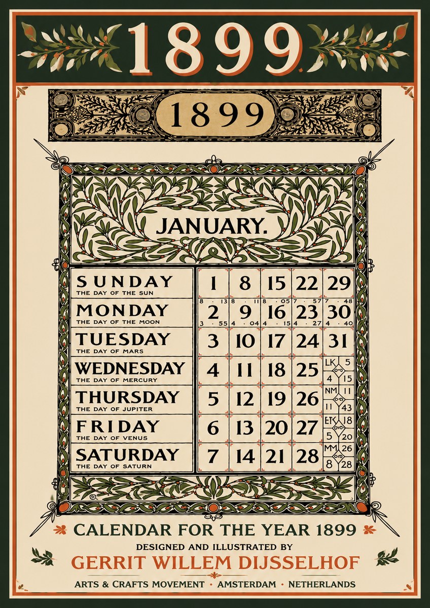 Gerrit Willem Dijsselhof January. Calendar for 1899. No5 - Poster