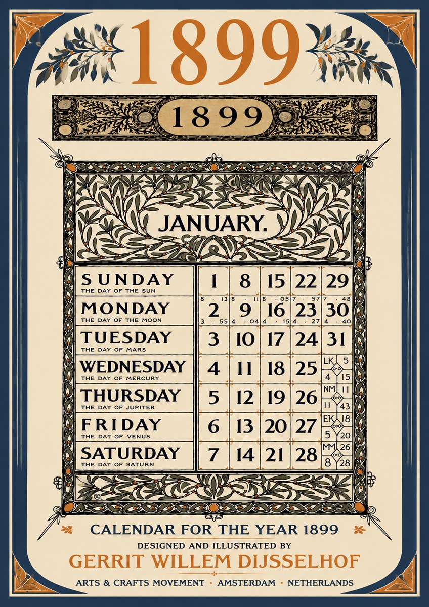 Gerrit Willem Dijsselhof January. Calendar for 1899. No6 - Poster