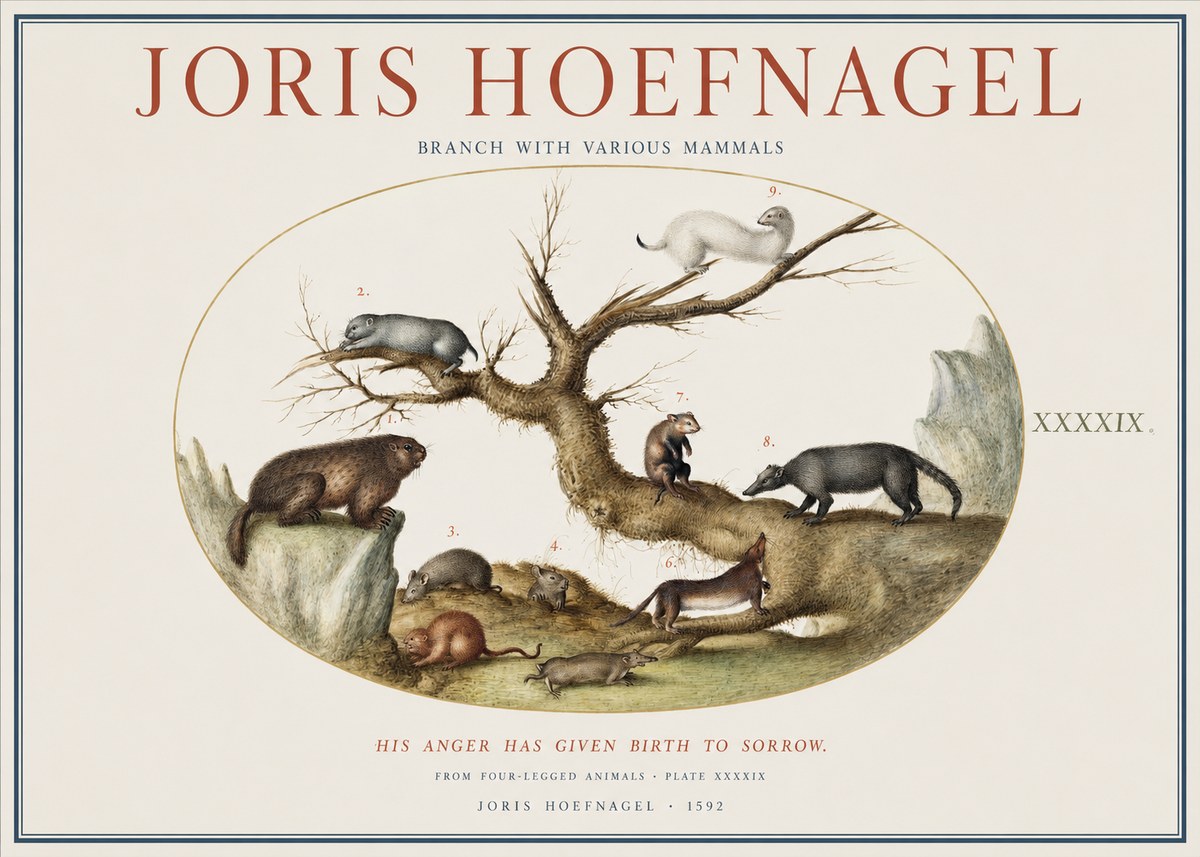 Joris Hoefnagel Branch with Various Mammals No1 - Poster
