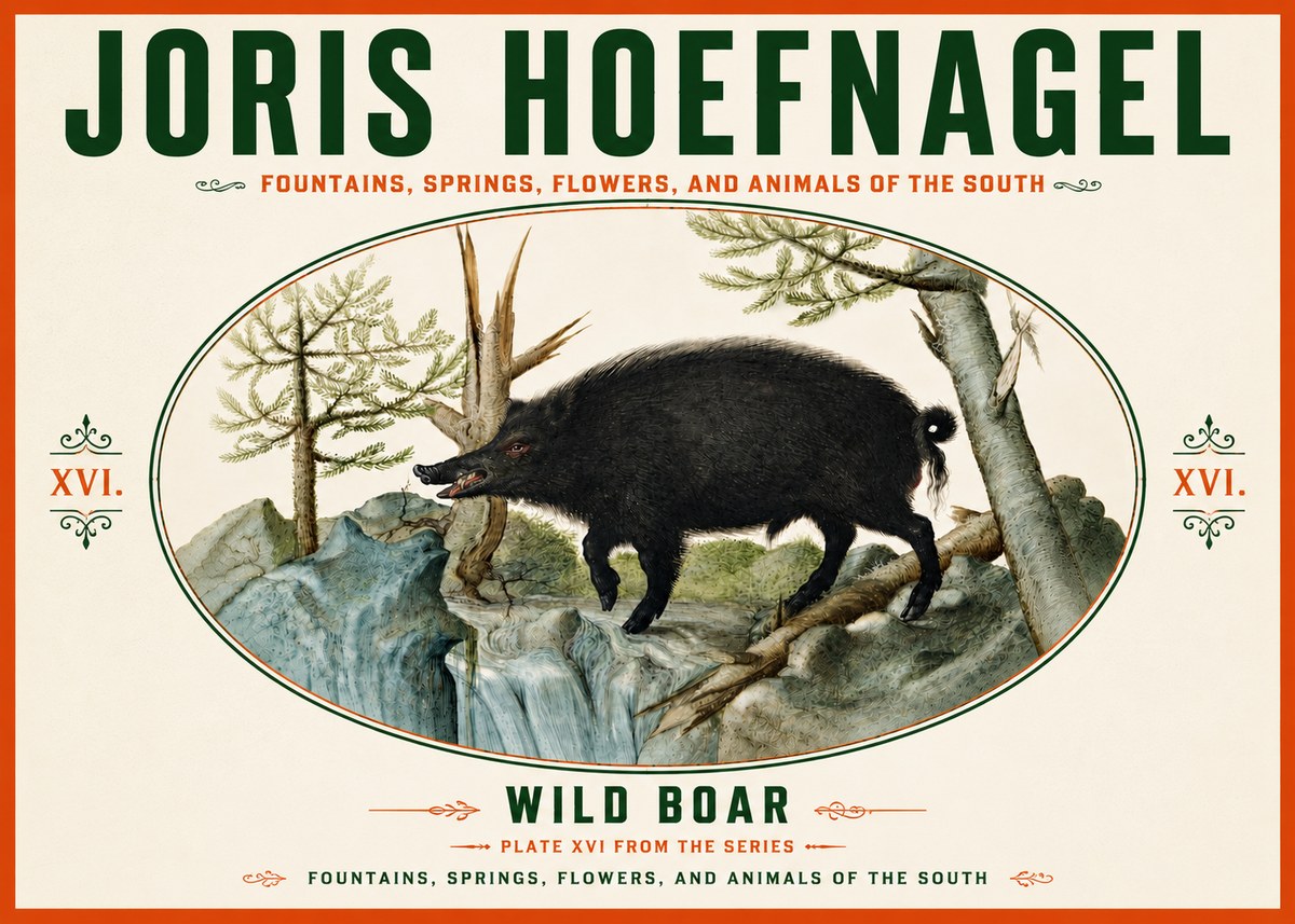 Joris Hoefnagel Fountains, Springs, Flowers, and Animals of the South - Plate Xvi No6 - Poster