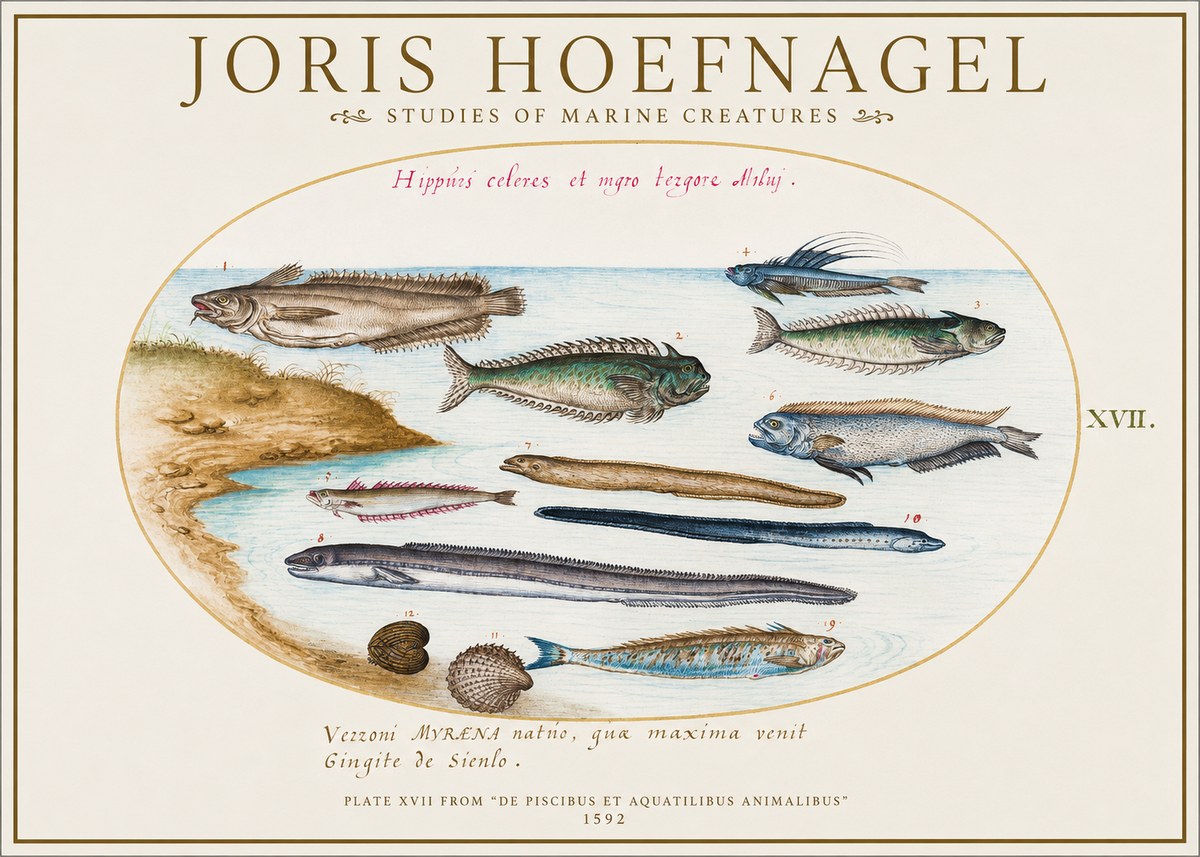 Joris Hoefnagel Plate Xvii from "De Piscibus Et Aquatilibus Animalibus" No1 - Poster