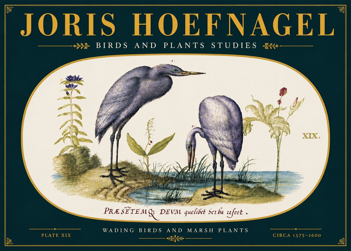 Joris Hoefnagel Wading Birds and Marsh Plants No6 - Poster