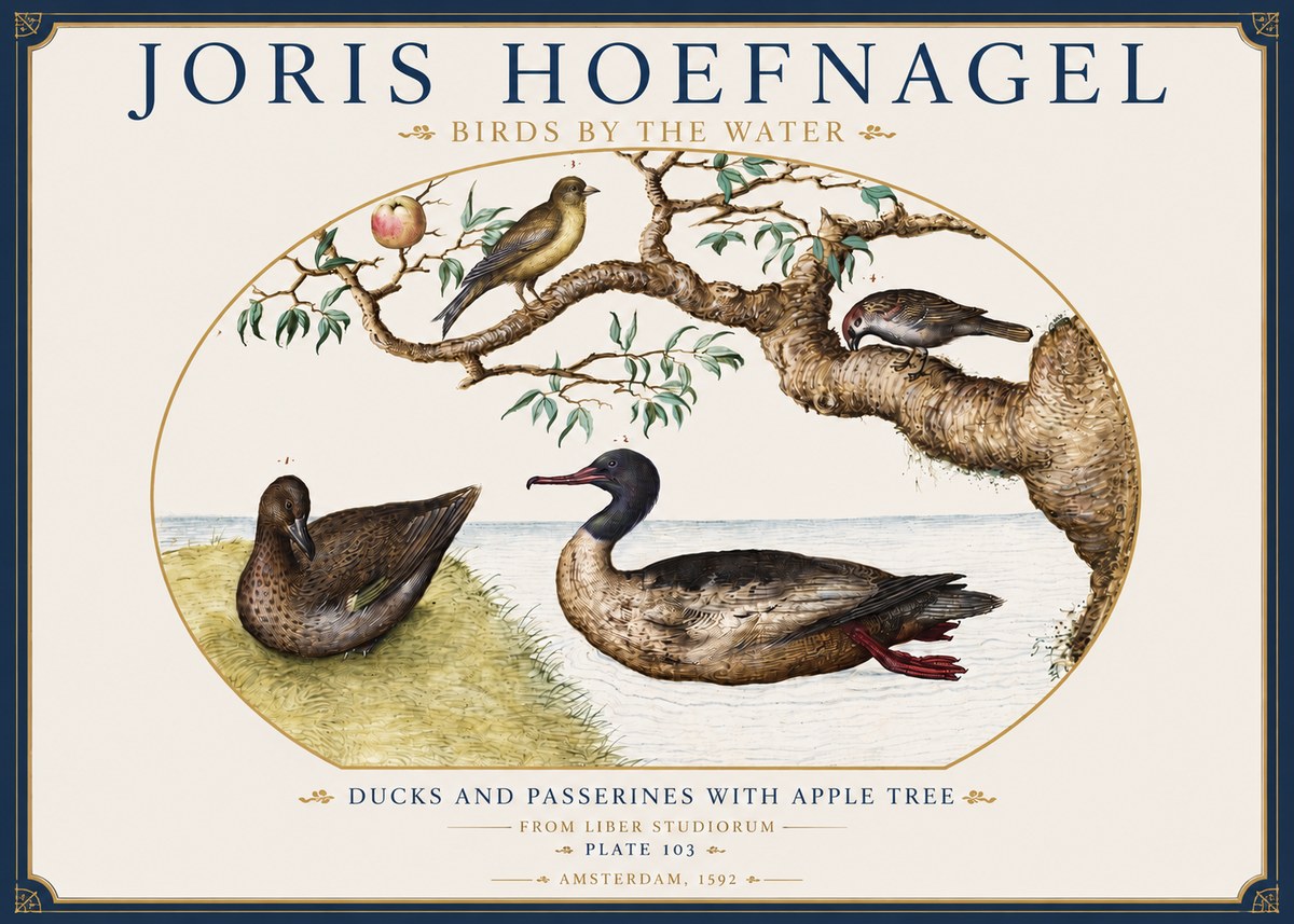 Joris Hoefnagel Ducks and Passerines with Apple Tree No3 - Poster