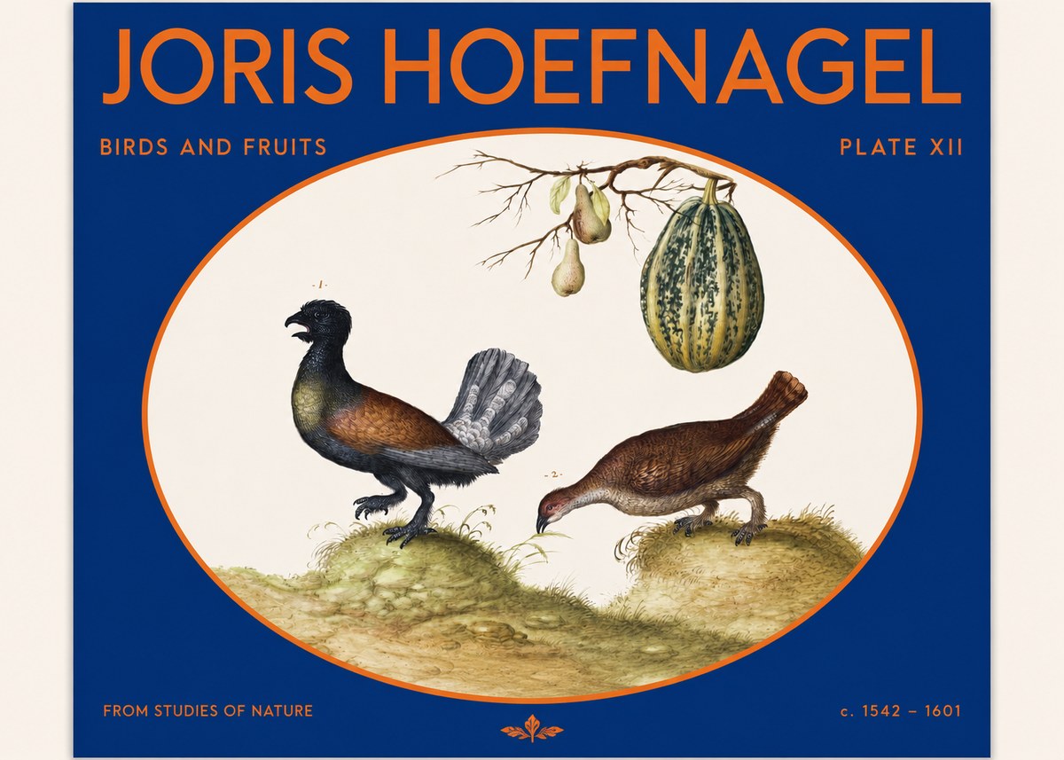 Joris Hoefnagel A Cock and Hen of the Woods with Pears and Gourd No2 - Poster