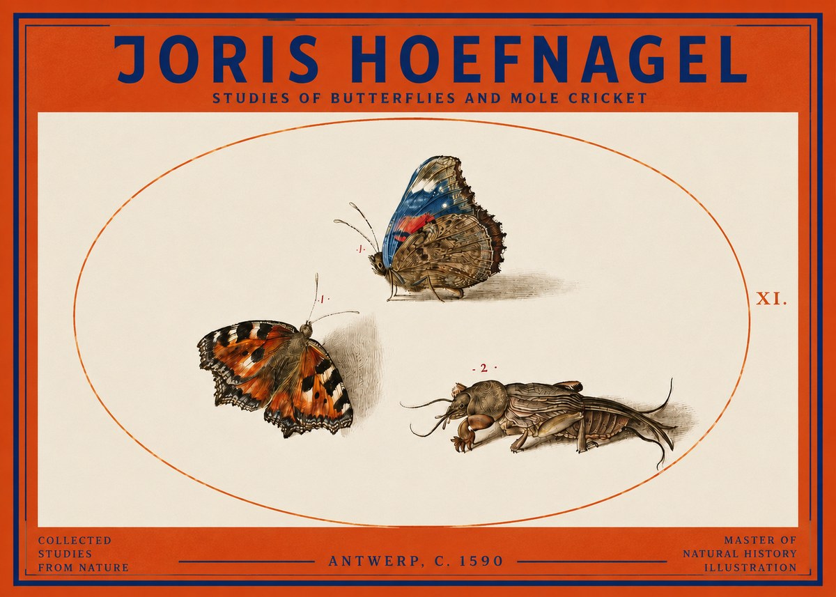 Joris Hoefnagel Studies of Butterflies and Mole Cricket No3 - Poster
