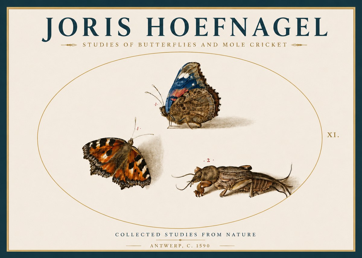 Joris Hoefnagel Studies of Butterflies and Mole Cricket No4 - Poster