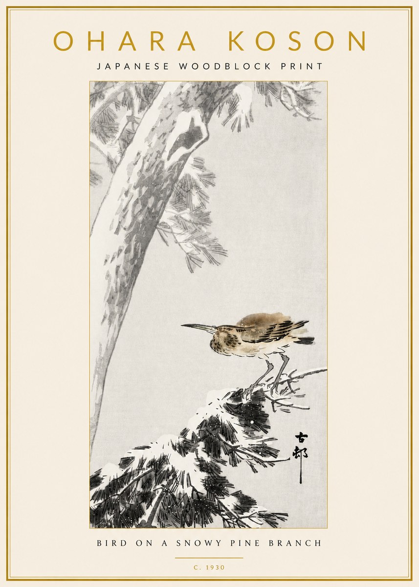 Ohara Koson Bird on a Snowy Pine Branch No3 - Poster