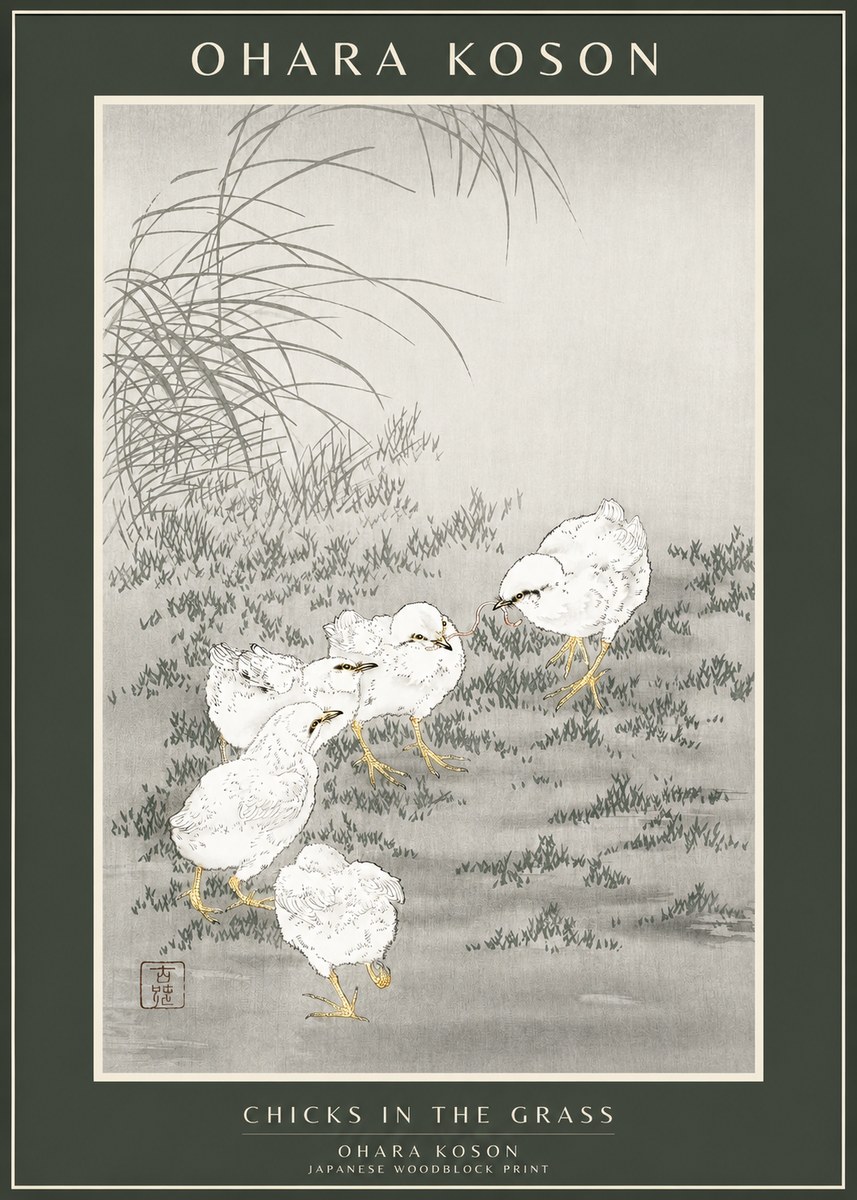 Ohara Koson Chicks in the Grass No1 - Poster