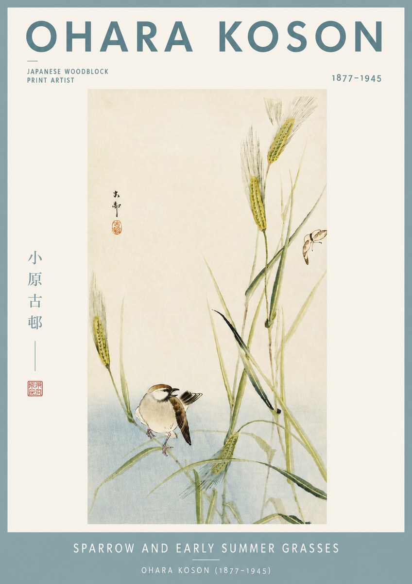 Ohara Koson Sparrow and Early Summer Grasses No4 - Poster