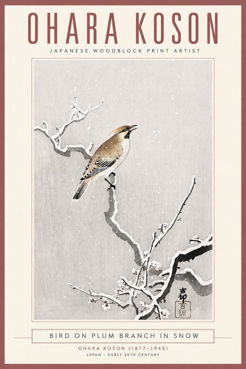 Ohara Koson Bird on Plum Branch in Snow No4 - Poster