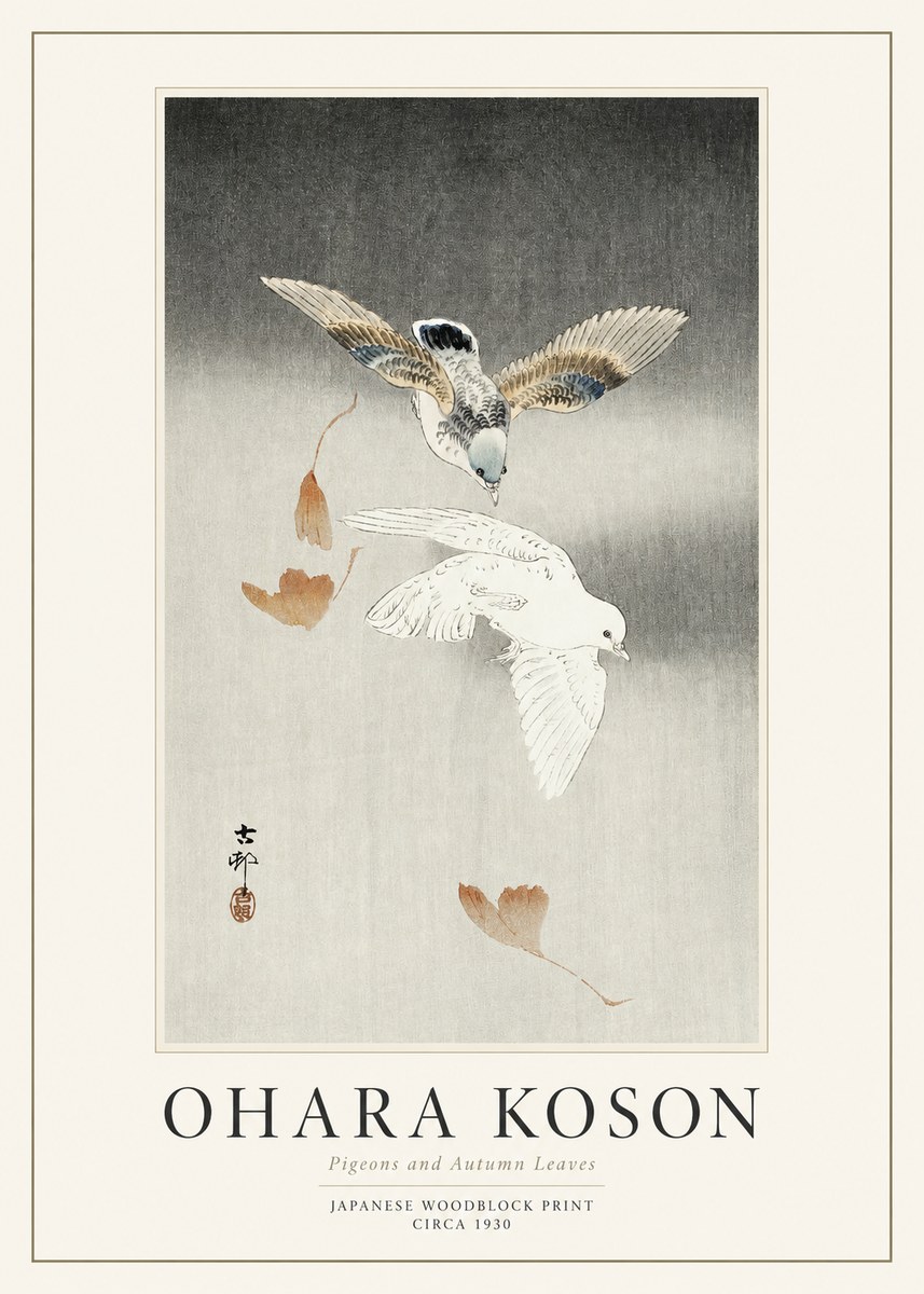 Ohara Koson Pigeons and Autumn Leaves No1 - Poster