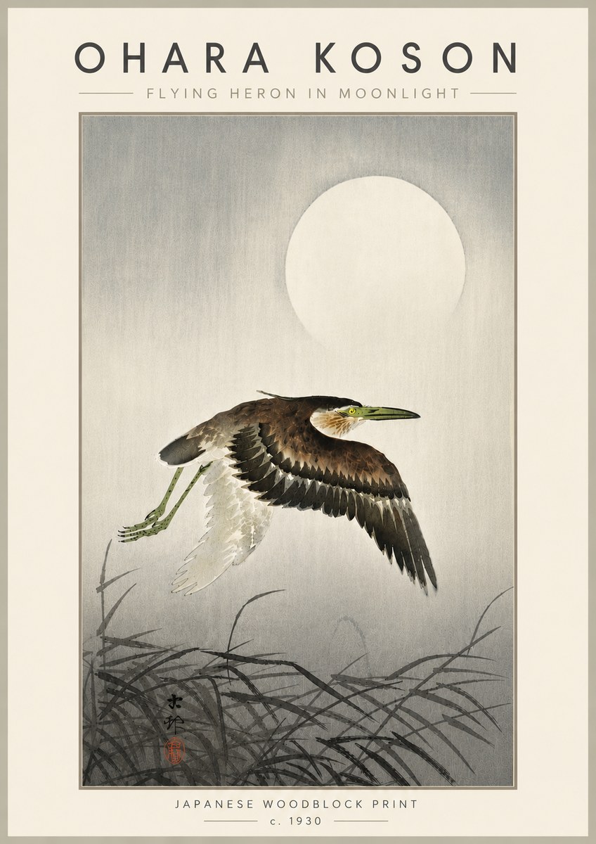Ohara Koson Flying Heron in Moonlight No6 - Poster