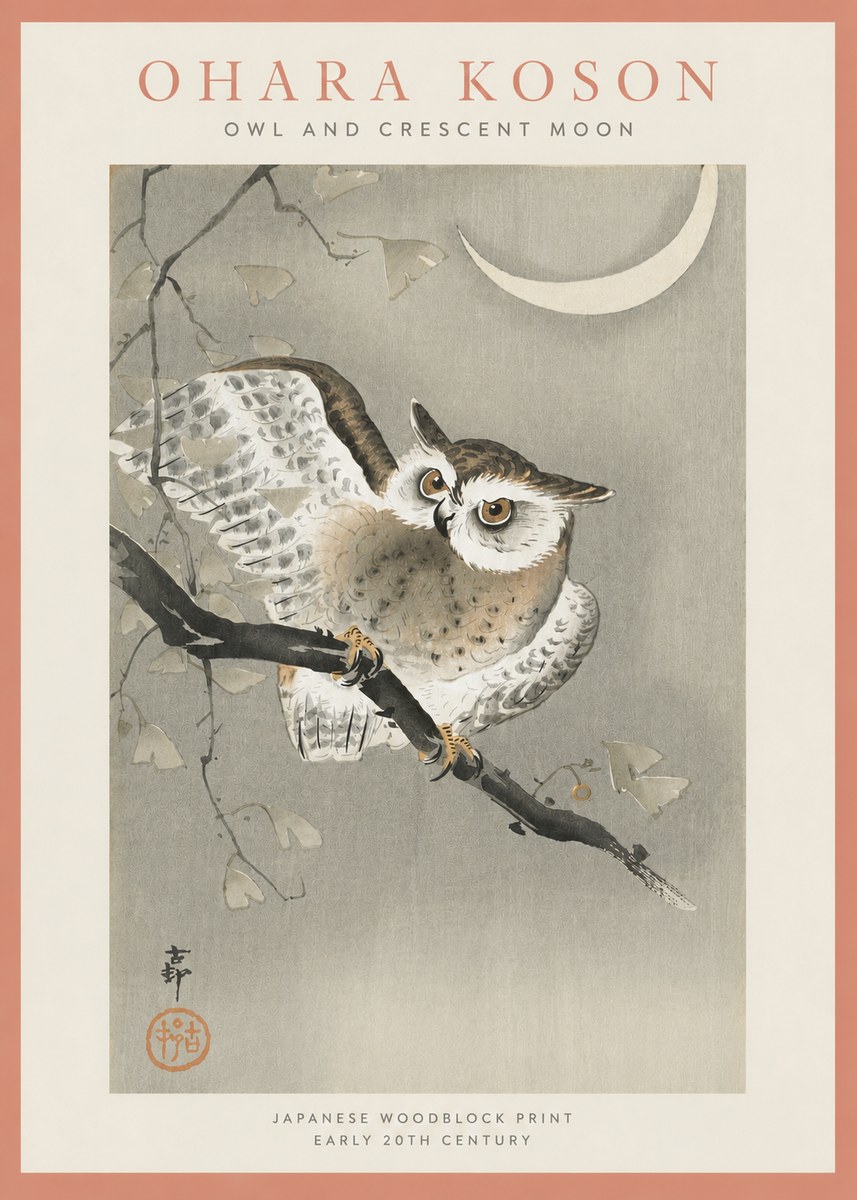 Ohara Koson Owl and Crescent Moon No4 - Poster