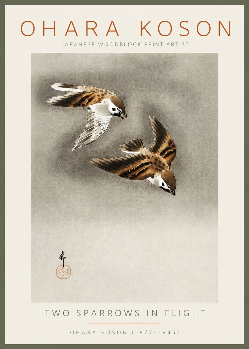 Ohara Koson Two Sparrows in Flight No2 - Poster