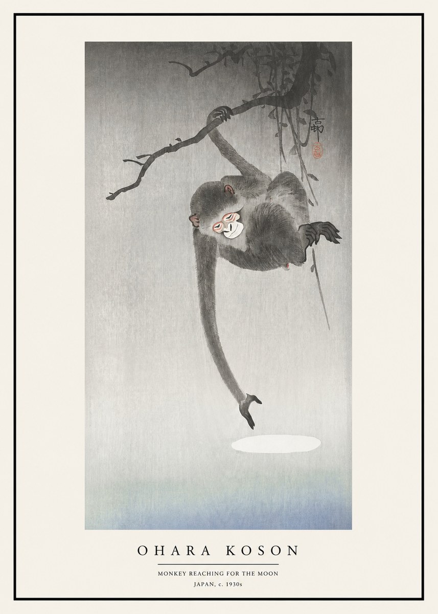 Ohara Koson Monkey Reaching for the Moon No1 - Poster
