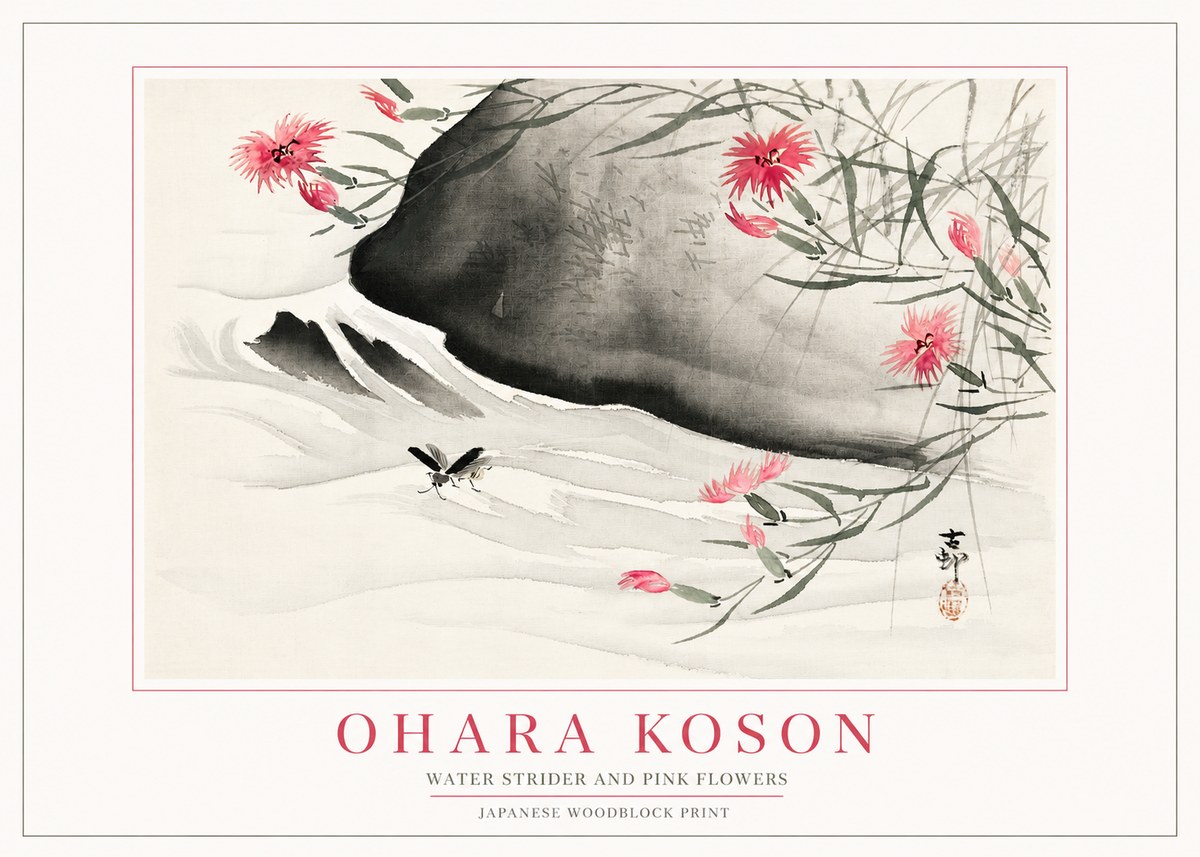 Ohara Koson Water Strider and Pink Flowers No2 - Poster