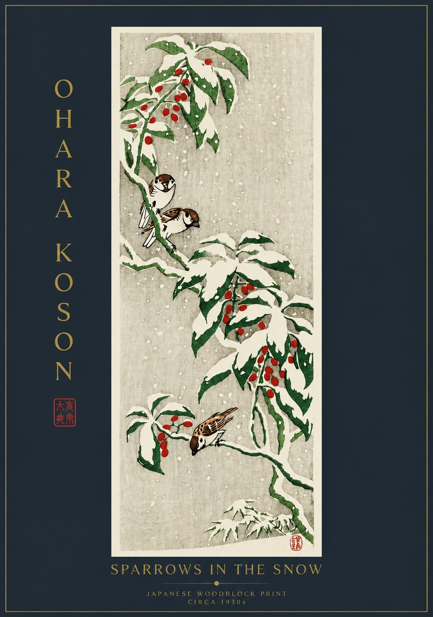 Ohara Koson Sparrows in the Snow No6 - Poster