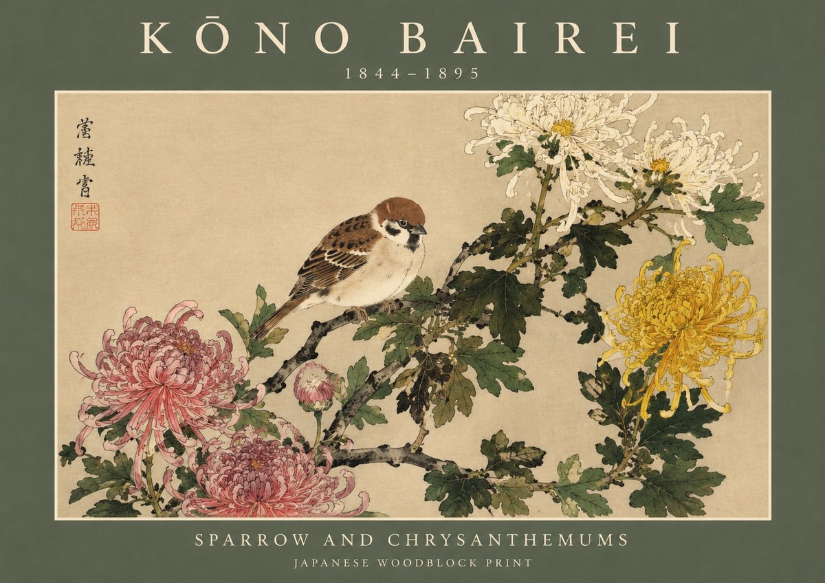 Kōno Bairei Sparrow and Chrysanthemums No2 - Poster