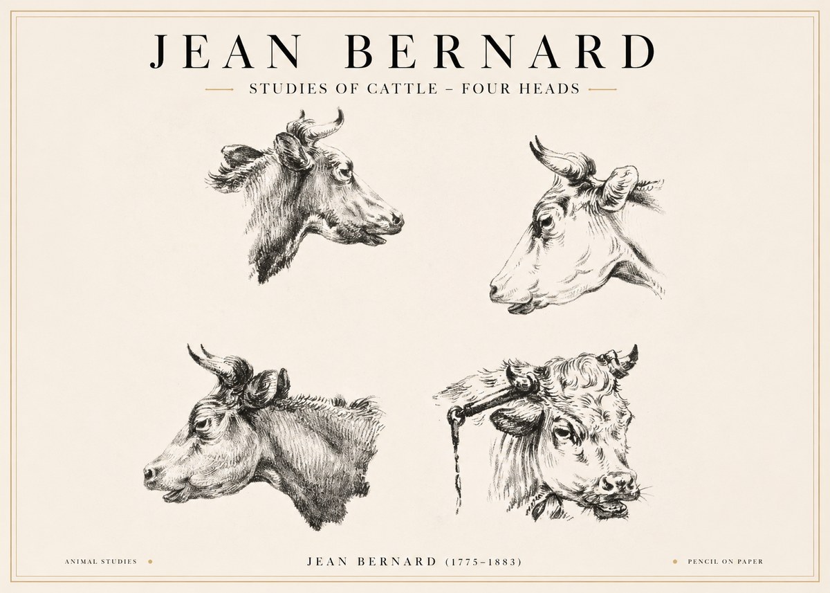 Jean Bernard Studies of Cattle - Four Heads No1 - Poster