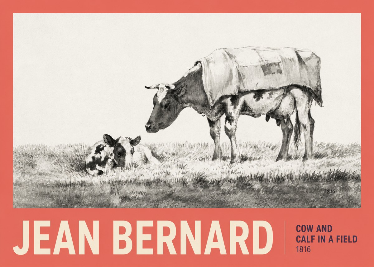 Jean Bernard Cow and Calf in a Field No2 - Poster