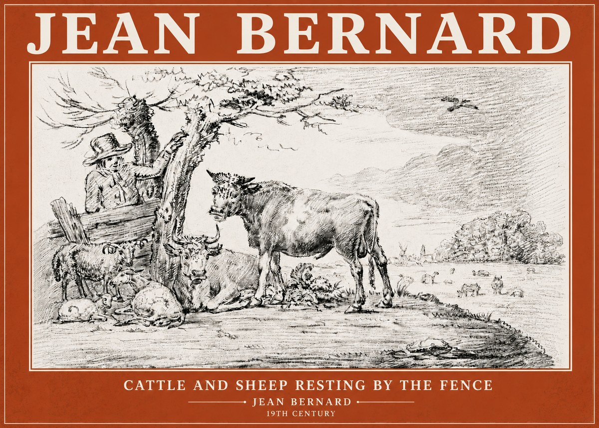 Jean Bernard Cattle and Sheep Resting by the Fence No6 - Poster