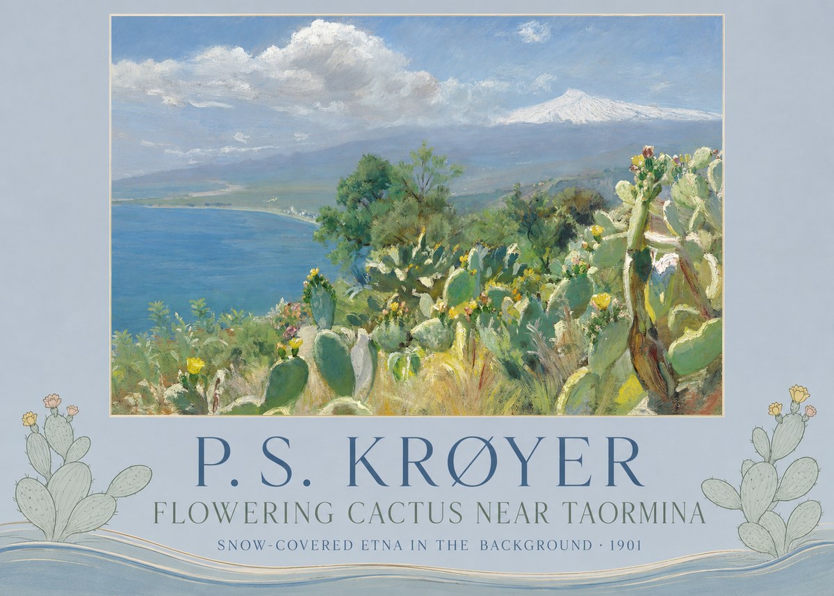 P.S. Krøyer Flowering Cactus Near Taormina Snow-covered Etna in the Background · 1901 No3 - Poster