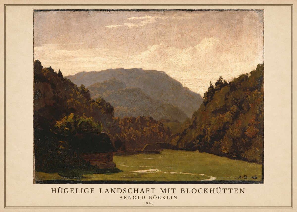 Arnold Böcklin Hügelige Landschaft Mit Blockhütten No1 - Poster