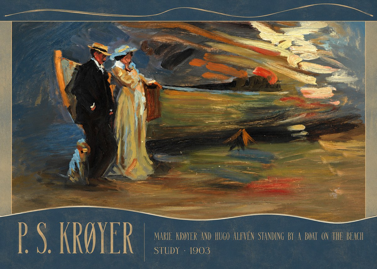 P.S. Krøyer Marie Krøyer and Hugo Alfvén Standing by a Boat on the Beach - Study · 1903 No3 - Poster