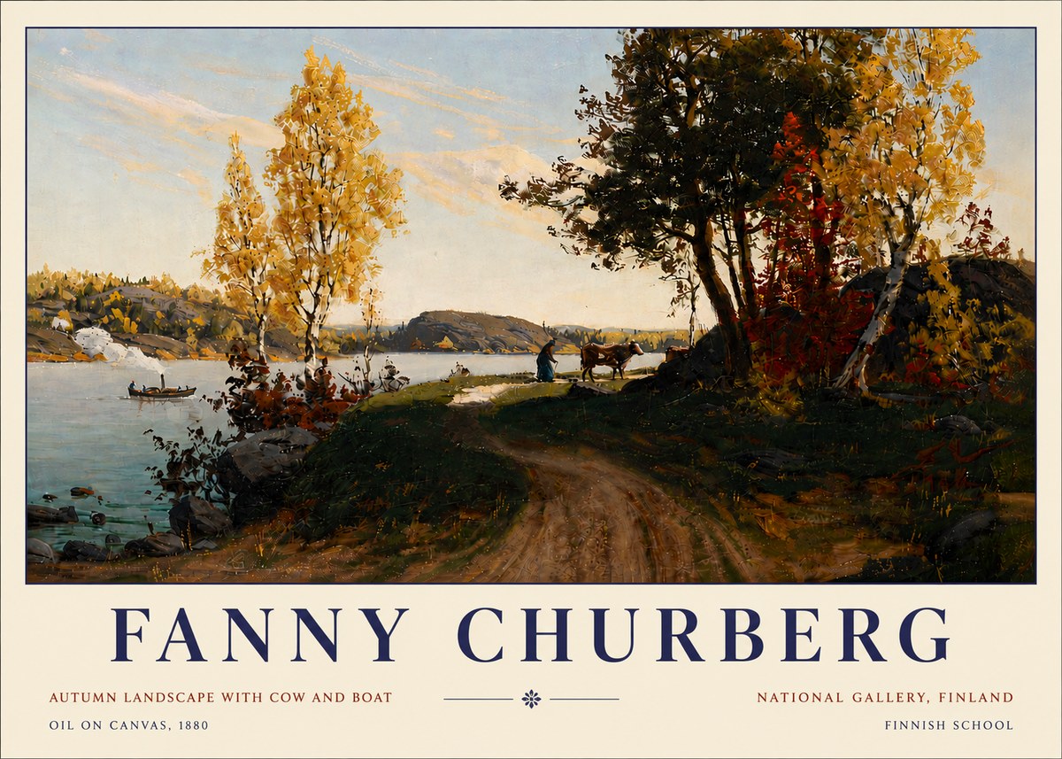 Fanny Churberg Autumn Landscape with Cow and Boat No5 - Poster