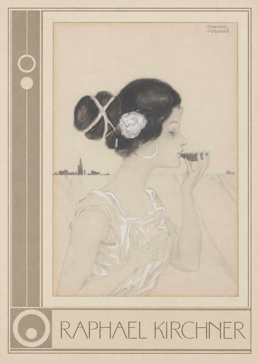 Raphael Kirchner Elegant Lady with Rose and Cup No3 - Poster